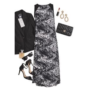 Avenue Black White Abstract Maxi Dress NWT 14/16 Made USA